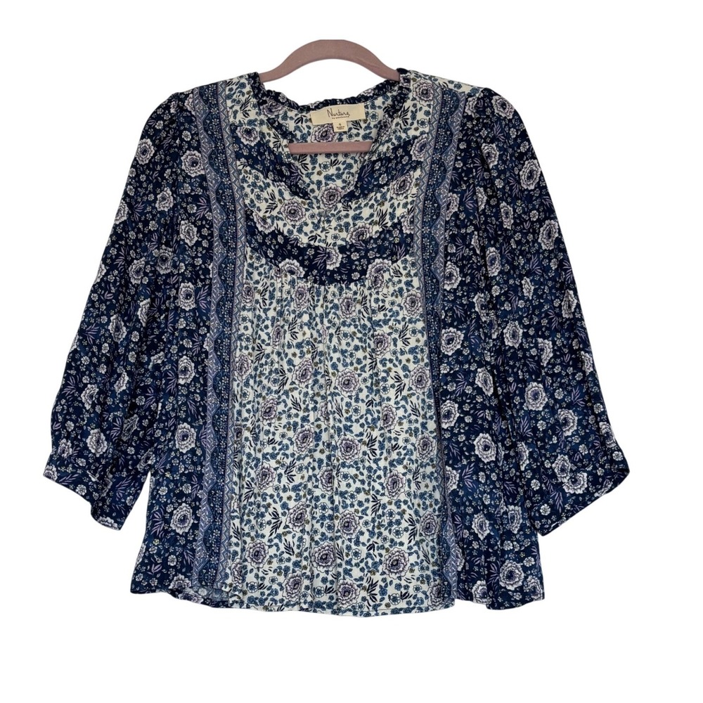 Nurture by Westbound Womens S Navy Blue Mixed Floral Peasant Prairie Blouse